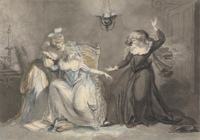 En dramatisk scene med tre kvinder i et interiør af William Hamilton