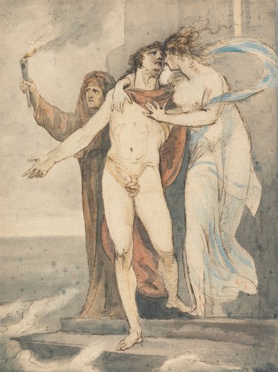 Leander tager afsked med Hero, før han svømmer tilbage over Hellespont af William Hamilton
