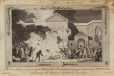 Ødelæggelserne forårsaget af Londons uromagere, der affyrede den nye fængsel i Newgate af William Hamilton