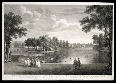 Udsigt over søen fra Centre Walk i haven ved West Wycombe, Buckinghamshire, indgraveret af William Woollett (1735-85) af William Hannan