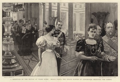 En reception af sultanen i Yildiz Kiosk, Munir Pasha, stormesteren af ceremonier, der tager imod gæsterne af William Hatherell