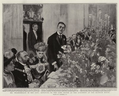 Hr. Chamberlain in the City, svar til overborgmesteren ved frokosten i Mansion House af William Hatherell
