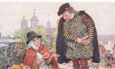 Shakespeare køber en appelsin af en kvinde på Tower Hill, fra My Magazine, pub.1922 af William Hatherell
