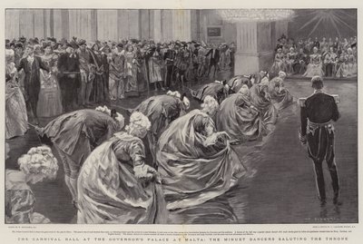Karnevalsbal i guvernørens palads på Malta, menuetdanserne hylder tronen af William Hatherell