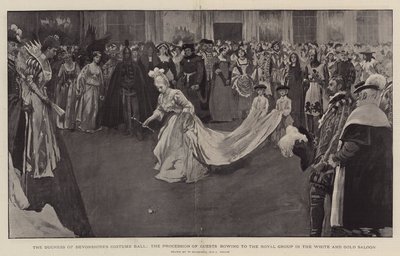 Hertuginden af Devonshires kostumebal, processionen af gæster, der bøjer sig for den kongelige gruppe i White and Gold Saloon, 1897 af William Hatherell