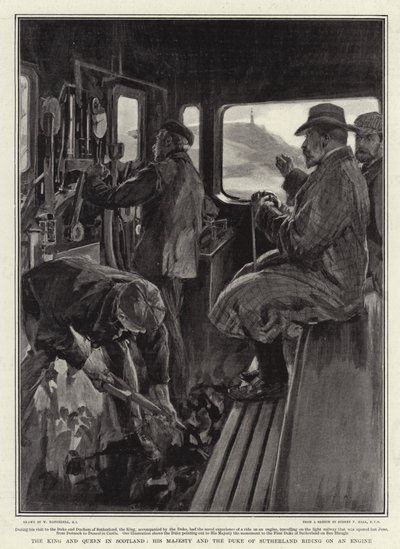 Kongen og Dronningen i Skotland, Hans Majestæt og hertugen af Sutherland kører på en motor af William Hatherell