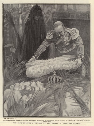 Kongen lægger en krans på kisten i Cronberg kirke af William Hatherell