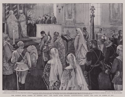 Den russiske kongefamilie i Zarskoje Selo, storhertugen Michael Alexandrovitch aflægger ed ved at blive myndig af William Hatherell