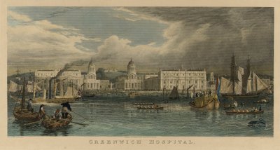 Kongeligt besøg på Greenwich Hospital (England), med et sejlskib, en dampbåd, passagerpramme, robåde på Themsen af William Havell