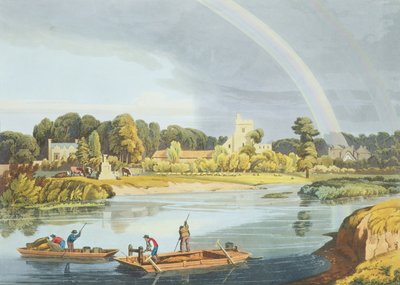 Staines kirke med bysten på bredden af floden, indgraveret af Robert Havell den yngre (1793-1878) udgivet 1818 (akvatint) af William Havell