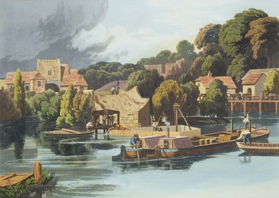 Wallingford Castle i 1810 under reparationer af bro, indgraveret af Robert Havell den yngre (1793-1878) udgivet 1818 (akvatint) af William Havell