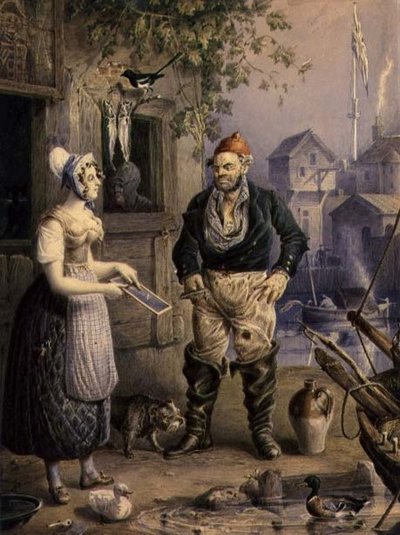 A Fisherman and a Maid, ca. 1830 (akvarel over blyant forhøjet med gouache på papir) af William Heath