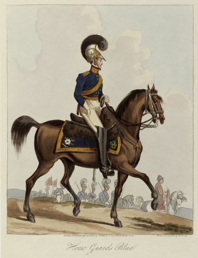 Horse Guards Blue, Uniform study of Royal Regiment of Horse Guards, 1820 (farvet akvatint) af William Heath