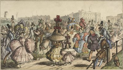 Mænd og kvinder i slående påklædning går i en park i en by The Park - 1830 (titel på objekt) af William Heath