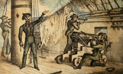Marineriffelmænd i aktion om bord på et uidentificeret krigsskib, ca. 1835 (håndfarvet radering) af William Heath