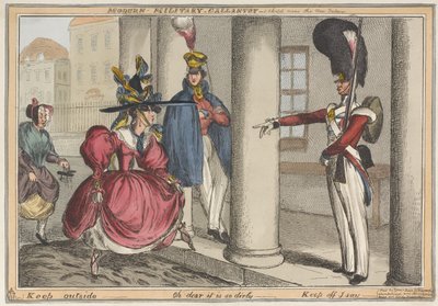 "Moderne militær galanteri - En skitse nær New Palace Keep udenfor - Åh nej, hvor er det beskidt", ca. 1829 (farvet radering) af William Heath