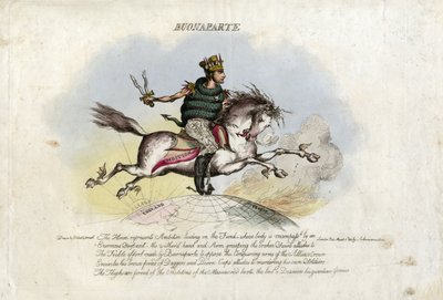 Napoleon galopperer på Ambition, en hest med vinger på fødderne over kloden af William Heath