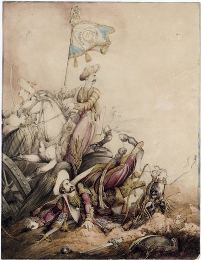 ""Mamluk fanebærer i kamp"" (Mamluk fanebærer i kamp) Akvarel af William Heath (1795-1840) - 1818 Dim 33,5x25,9 cm Privat samling af William Heath