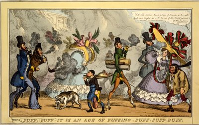 Puff, Puff, det er en tidsalder med puffing, Puff, Puff, Puff, pub. Thos. McLean, London, 1827 (håndfarvet gravering) af William Heath