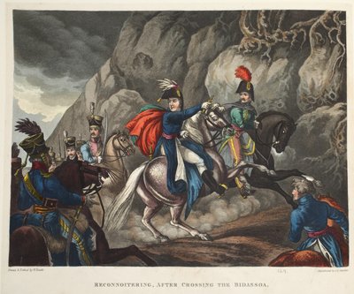 Rekognoscering, efter at have krydset Bidassoa, akvatint af J.C. Stadler, pub. af Tegg, april 1818 (akvatint) af William Heath