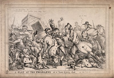 Robert Peel som bokser, der angriber natvagter med det formål at erstatte dem med politistyrken. Radering af Paul Pry (W. Heath). af William Heath