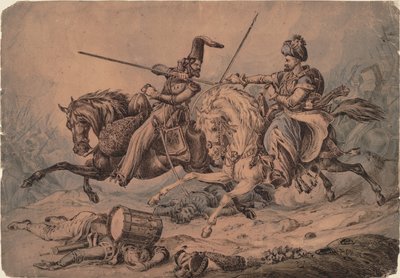 Russisk kosak i kamp med en mameluk, 1815 af William Heath