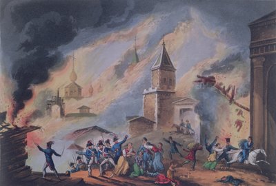 The Burning of Moscow, september 1812, indgraveret af Thomas Sutherland (f.c.1785) (akvatintegravering) af William Heath