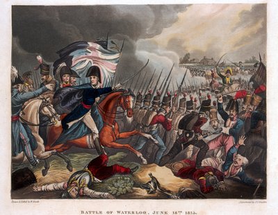 Hertugen af Wellington (1769-1852) med tropper, der rykker frem i slaget ved Waterloo, illustration fra et fortællende digt af Dr. Syntax, 1818 (farvet akvatint) af William Heath