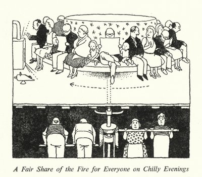 En rimelig andel af ilden for alle på kølige aftener (litho) af William Heath Robinson