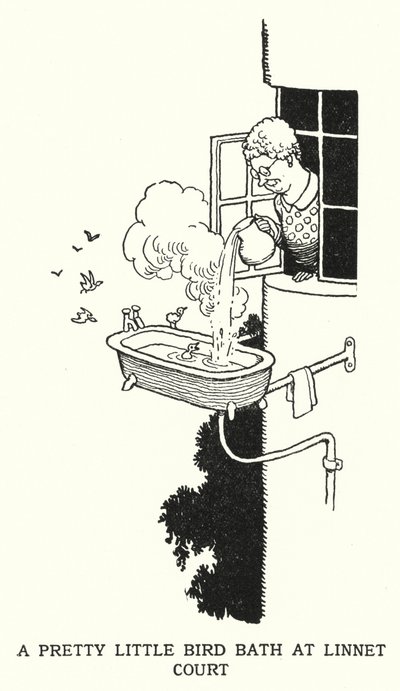 Et smukt lille fuglebad ved Linnet Court (litho) af William Heath Robinson