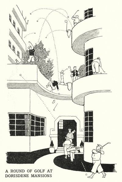 En runde golf på Dorisdene Mansions (litho) af William Heath Robinson
