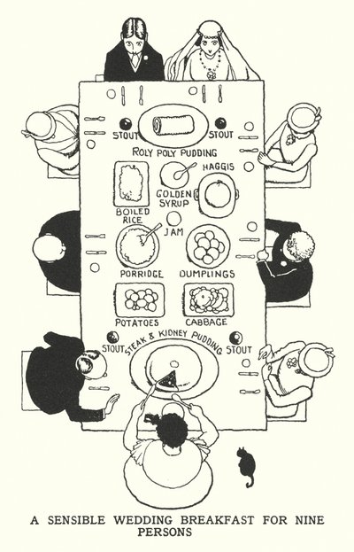 En fornuftig bryllupsmorgenmad for ni personer (litho) af William Heath Robinson