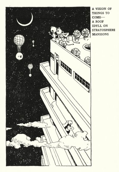 En vision om kommende ting, en tagidyl på Stratosphere Mansions (litho) af William Heath Robinson