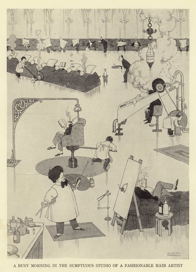 En travl morgen i en fashionabel hårkunstners overdådige atelier af William Heath Robinson