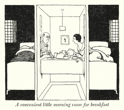 Et praktisk lille morgenrum til morgenmad (litho) af William Heath Robinson