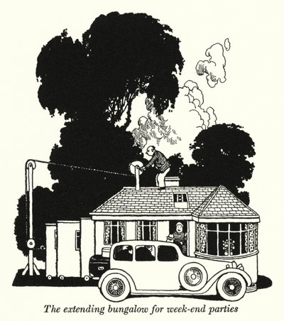 En forlængende bungalow til weekendfester (litho) af William Heath Robinson