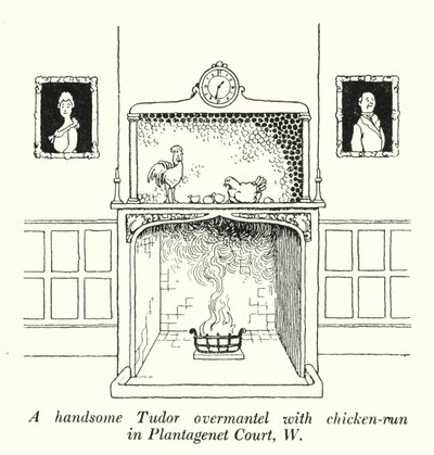 En smuk Tudor overkappe med hønsegård i Plantagenet Court, W (litho) af William Heath Robinson