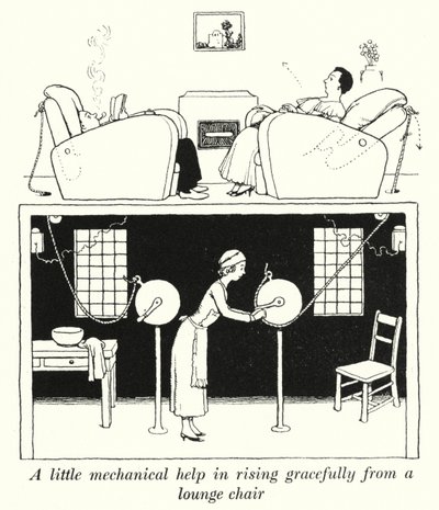 Lidt mekanisk hjælp til at rejse sig yndefuldt fra en loungestol (litho) af William Heath Robinson