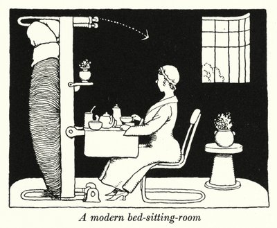En moderne seng-stue (litho) af William Heath Robinson