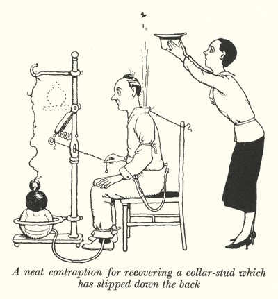 En pæn anordning til at genvinde en krave-studs, der er gledet ned ad ryggen (litho) af William Heath Robinson