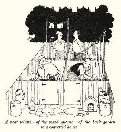 En pæn løsning på det irriterende spørgsmål om baghaven til et ombygget hus (litho) af William Heath Robinson