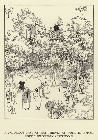 En berygtet bande af hattetyve på arbejde i Epping Forest søndag eftermiddag af William Heath Robinson