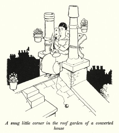Et hyggeligt lille hjørne i taghaven til et ombygget hus (litho) af William Heath Robinson