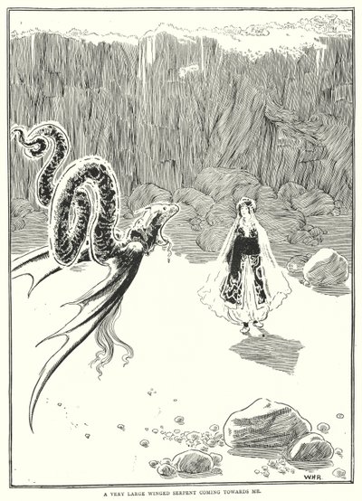 En meget stor bevinget slange kommer imod mig (gravering) af William Heath Robinson