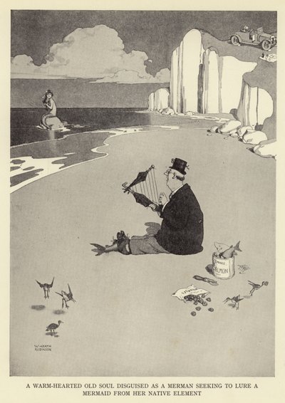 En varmhjertet gammel sjæl forklædt som en havmand, der søger at lokke en havfrue fra sit oprindelige element af William Heath Robinson