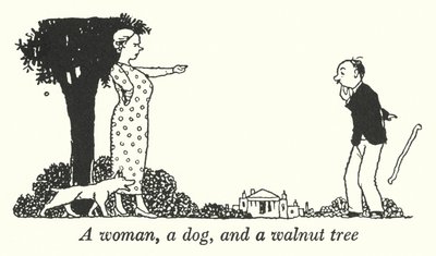 En kvinde, en hund og et valnøddetræ (litho) af William Heath Robinson