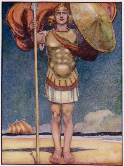 Achilleus, den flådeste af fod og den modigste af alle græske helte (farve litho) af William Heath Robinson