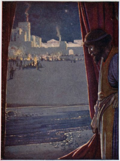 Agamemnon hørte lyden af pibe og fløjte og mænds latter, mens trojanerne festede og glædede sig (farve litho) af William Heath Robinson