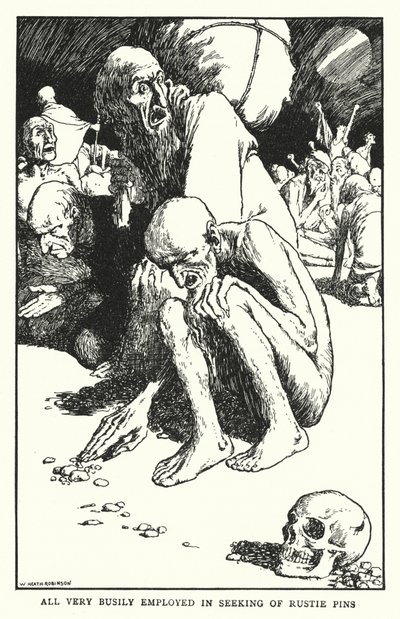 Alle meget travlt beskæftiget med at søge efter rustne stifter (litho) af William Heath Robinson