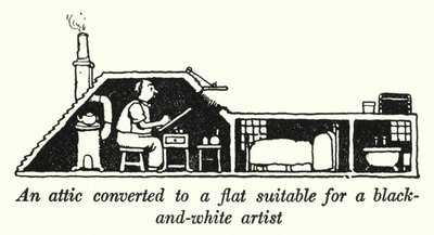 Et loft omdannet til en lejlighed velegnet til en sort-hvid kunstner (litho) af William Heath Robinson